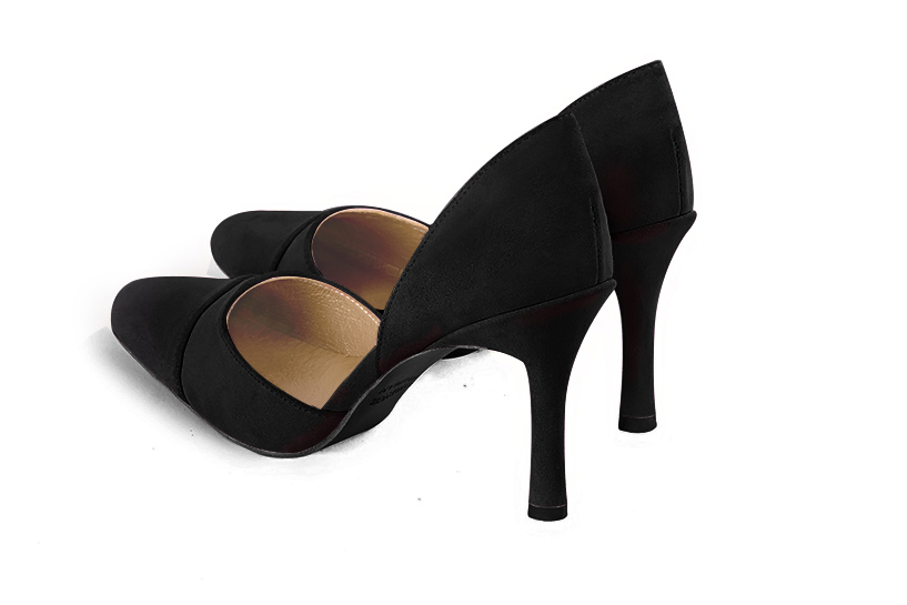 Matt black women's open arch dress pumps. Round toe. Very high slim heel. Rear view - Florence KOOIJMAN